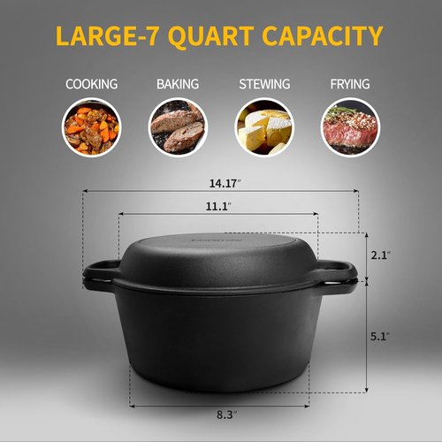 EDGING CASTING 2-in-1 Pre-Seasoned Cast Iron Dutch Oven & Skillet Lid | 7QT Versatile Cookware for Baking & Frying