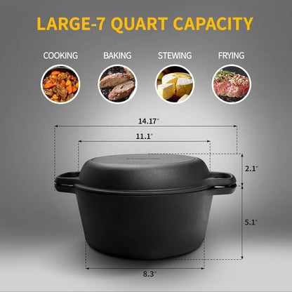 EDGING CASTING 2-in-1 Pre-Seasoned Cast Iron Dutch Oven & Skillet Lid | 7QT Versatile Cookware for Baking & Frying