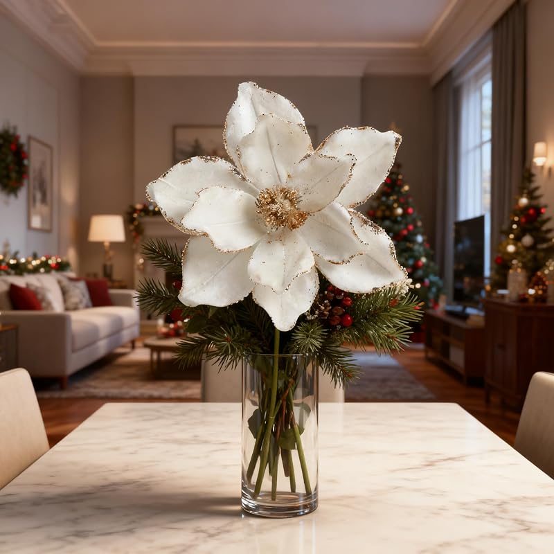 Cream White 6 Pcs 10.2’’ Large Glitter Magnolia Artificial Flowers for Christmas Tree Decorations