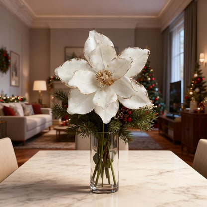 Cream White 6 Pcs 10.2’’ Large Glitter Magnolia Artificial Flowers for Christmas Tree Decorations