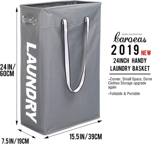 Caroeas 24" Slim Laundry Basket - Waterproof Collapsible Hamper with Breathable Mesh Cover & Soft Handle (Grey)