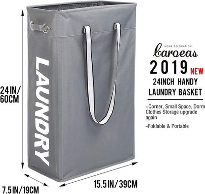 Caroeas 24" Slim Laundry Basket - Waterproof Collapsible Hamper with Breathable Mesh Cover & Soft Handle (Grey)