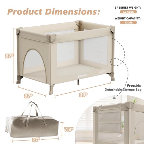 Trimigo Portable Travel Crib & Playpen - Baby Safe Folding Travel Bed w/Mattress, Breathable Mesh | Compact Lightweight Baby Bed | Pack and Play for Babies & Toddlers (Khaki)