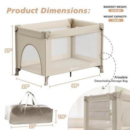 Trimigo Portable Travel Crib & Playpen - Baby Safe Folding Travel Bed w/Mattress, Breathable Mesh | Compact Lightweight Baby Bed | Pack and Play for Babies & Toddlers (Khaki)