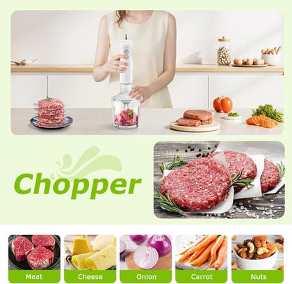 Bonsenkitchen Immersion Blender - 4-In-1 Handheld Stick Mixer with Whisk & Chopper Bowl - White