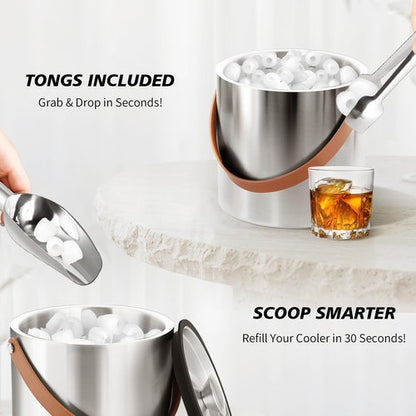 Insulated Ice Bucket with Lid, Scoop, Ice Tongs & Detachable Double-Sided PU Cover– 4L Double-Wall Stainless Steel Ice Buckets for Parties, Cocktail Ba, Champagne & Bar Cart Accessories