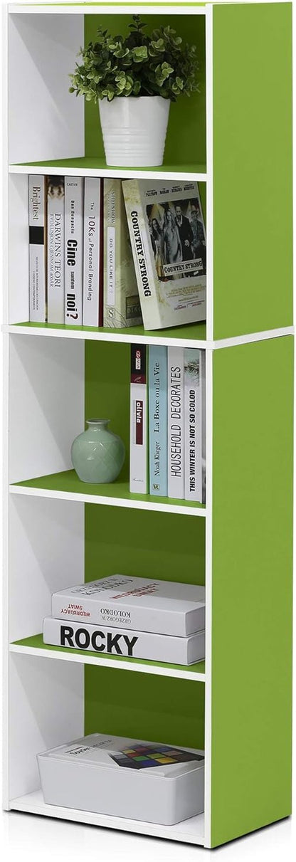 Furinno LUDER 5-Tier Bookshelf - Open Shelves for Easy Assembly | White/Green, 9.4 x 15.8 x 52 Inches