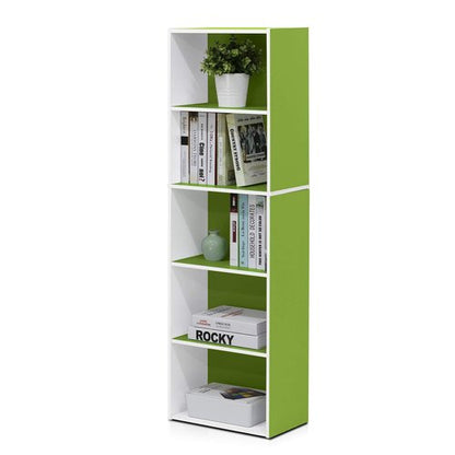 Furinno LUDER Book Shelf, 5-Tier Bookshelf, Bookcase with Open Shelves, 9.4 x 15.8 x 52, Easy Assembly, for Living Room, Bedroom, Home Office, White/Green