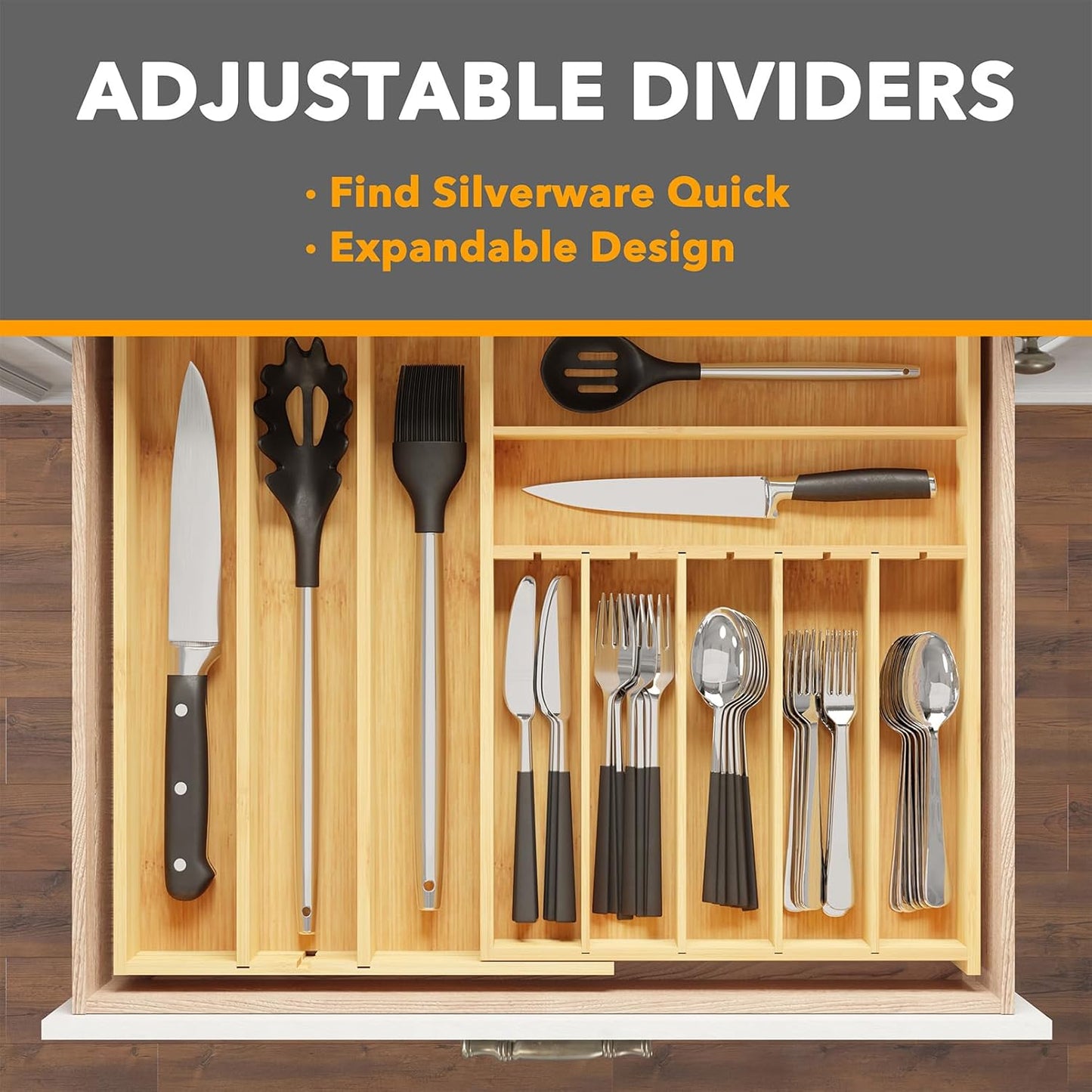 SpaceAid Bamboo Silverware Drawer Organizer - Expandable Utensil Tray with Labels for Flatware Storage (Natural)