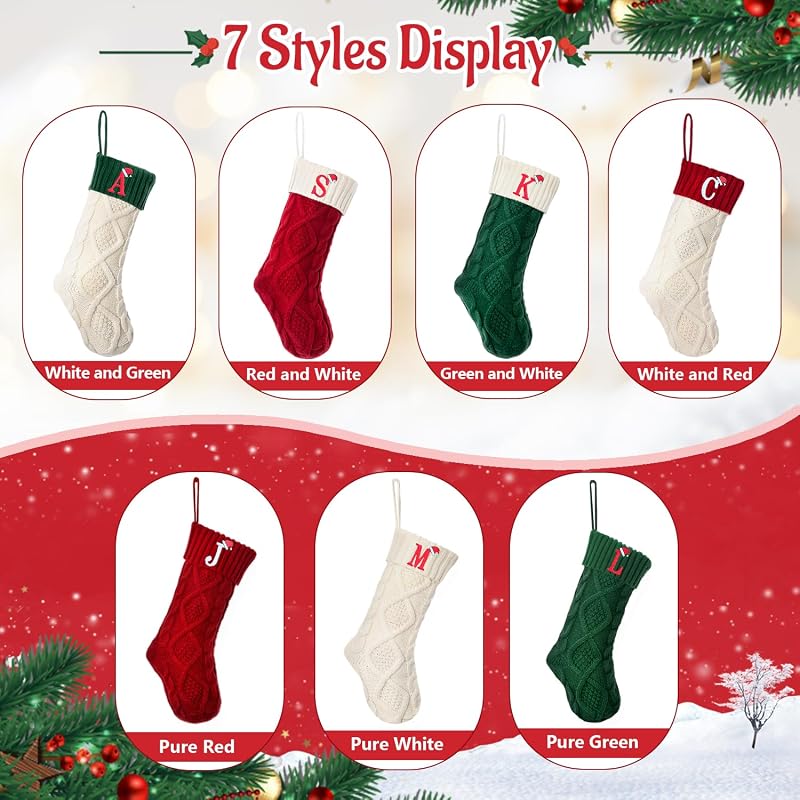Large 18'' Embroidered Monogram Knit Christmas Stocking - Green White, Letter T