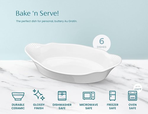 Kook Mini Casserole Dishes - Set of 6 Oven & Microwave Safe Ceramic Au Gratin Baking Dishes | 12 oz Ivory