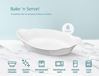 Kook Mini Casserole Dishes - Set of 6 Oven & Microwave Safe Ceramic Au Gratin Baking Dishes | 12 oz Ivory