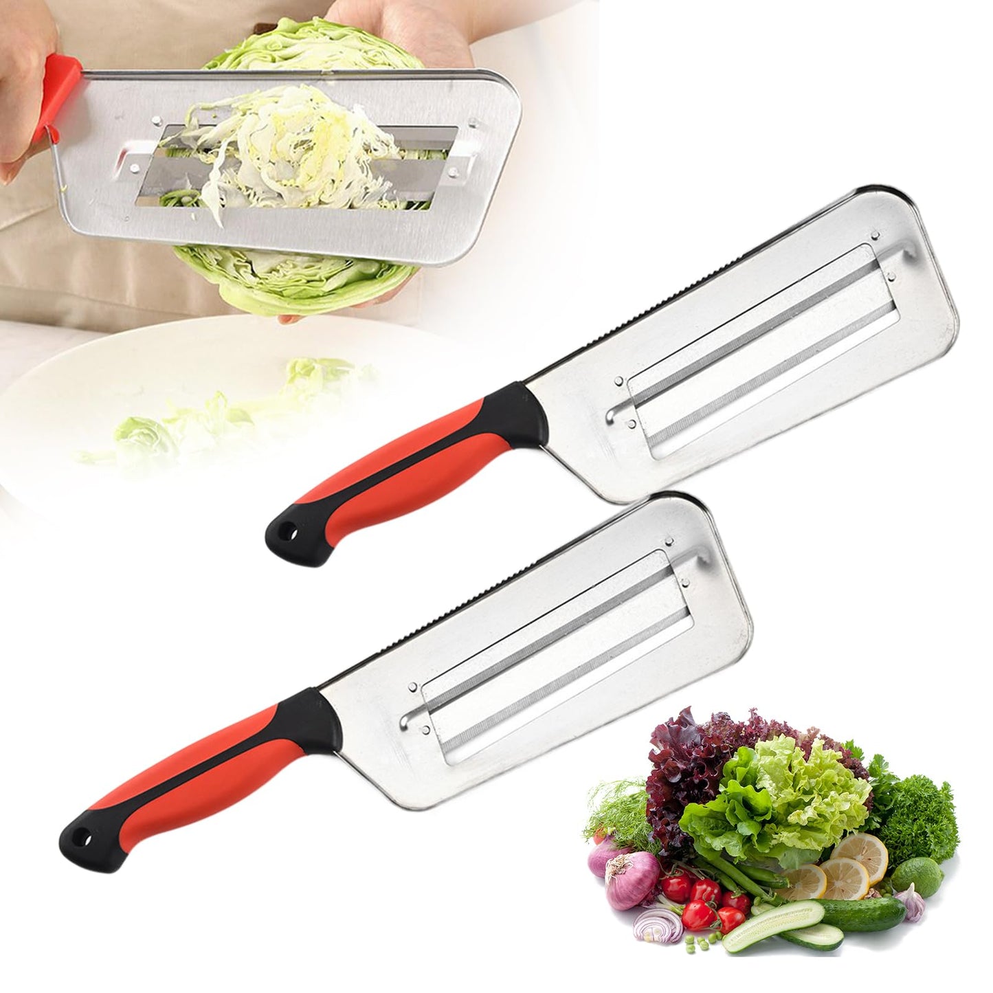 Multifunctional Vegetable Cutter, 2025 Upgraded Stainless Steel Double-layer Slicer, Cabbage Slicer Shredder, Stainless Steel Vegetable Cutter (2, Black Red)