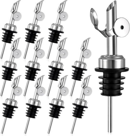 12 Pack Olive Oil Dispenser Spout Speed Liquor Pour Spout with Flip Top Stainless Steel Pour Spouts for Bottles Weighted Liquor Pours Spouts with 12 Adapters for Large Neck Bottles