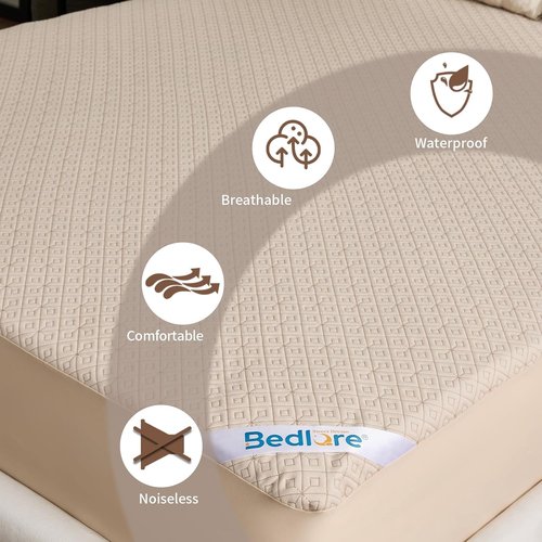 BEDLORE Twin Size Mattress Protector - Waterproof, Noiseless Cover with Stretchable Pockets | Soft Beige Pad for 6-15 Inch Mattresses