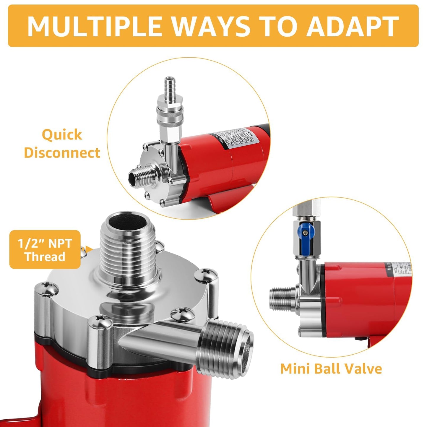 MRbrew Wort Pump Quick Disconnect Set Stainless Steel Magnetic Beer Pump for Wort Transfer, 1/2” NPT Thread 110V Quiet Operation With Switch Brewing High Temperature Resistance for Homebrew