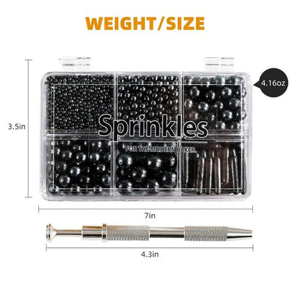 Kasvan Black Mix Sugar Sprinkles - Edible Candy Pearls with 4-Claw Sprinkle Pen | 118g Gift Box for Baking & Decorating