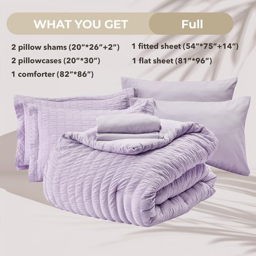HYMOKEGE Lavender Full Size Comforter Sets Seersucker 7 Pieces, All Season Luxury Bed in a Bag for Bedroom, Bedding Set with Comforters, Sheets, Pillowcases & Shams