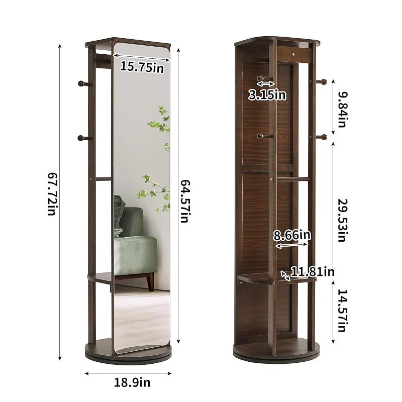 Walnut 68" L x 19" W Full Length Mirror with Coat Rack & Shelf - 360° Rotating Solid Wood