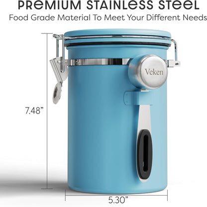 Veken Coffee Canister - Airtight Stainless Steel Container with Window | 22oz Blue for Grounds & Beans