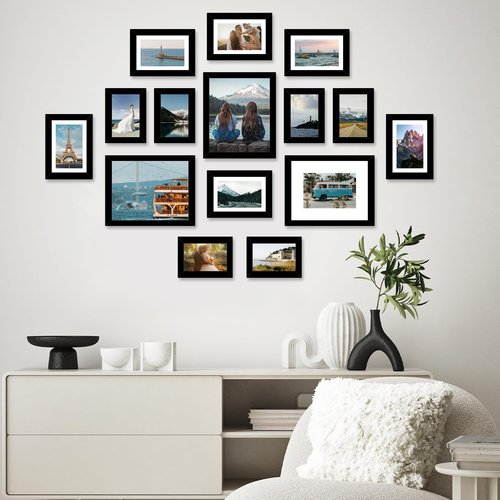 JCJMY 15 Pack Picture Frames Collage Wall Decor for Wall Hanging or Tabletop, Gallery Wall Frame Set for Family, Multi Sizes Photo Frames Collage Including 3Pcs 8x10, 6Pcs 5x7, 6Pcs 4x6, Black