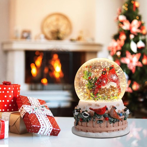 Bdor Christmas Cardinal Snow Globe - LED Lights & Music | 4.53" x 4.53" x 5.51" | Winter Bird Holiday Decor