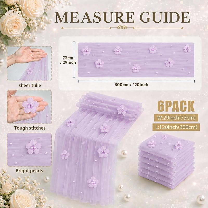 6 Pcs 29x120'' Pearl Tulle Table Runner - Purple, Wedding Party Set (Variation: Purple)