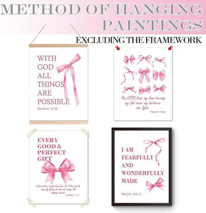 Hapons Coquette Pink Bow Wall Art | Inspirational Christian Decor for Teen Girls - 8''x10'' Unframed Prints (4 PCS)