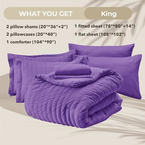 HYMOKEGE King Size Comforter Set - Bright Purple Seersucker 7-Piece Luxury Bedding Set