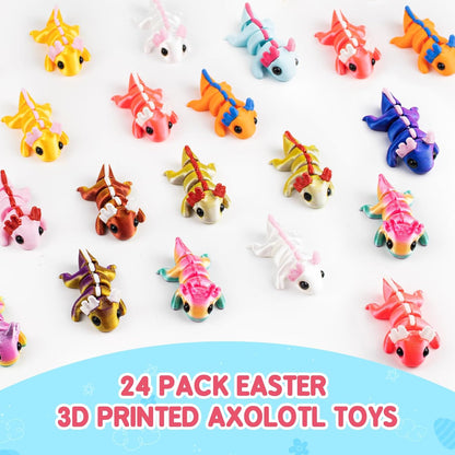 Skiennix Easter Basket Stuffers - 24 Pack Prefilled Easter Eggs with 3D Printed Axolotl Toys - Fun Mini Animal Fidget Figures for Toddlers