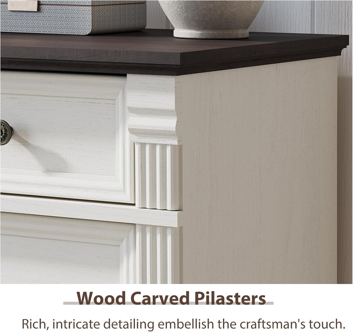 Regine Switzerland White 6-Drawer Dresser - Rustic Tall Chest with Chic Wood Pilasters | 47” Bedroom Organizer