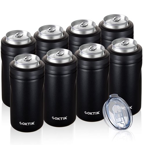 COKTIK 5 in 1 Insulated Can Cooler, 8 Pack Double Wall Slim Can Cooler Set for 12 oz Regular or Slim Cans & Beer Bottle (Black)