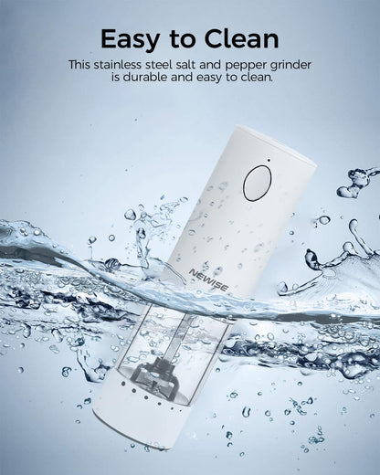 Newise Electric Salt and Pepper Grinder Set Rechargeable with Light, Automatic & Adjustable Coarseness, Kitchen Gadgets, Housewarming Gifts for New Home, 2 Pack, White