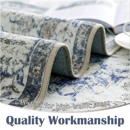 jinchan Runner Rug 3x7 Washable Area Rug Soft Indoor Floor Cover Thin Retro Distressed Blue Multi Carpet Floral Print Country Boho Non Slip for Bathroom Kitchen Bedroom Living Room