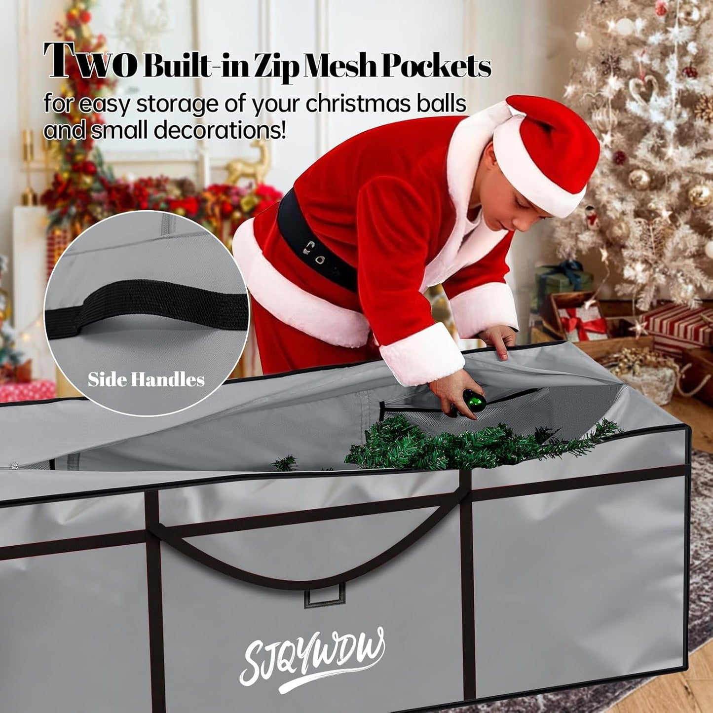 Skiennix Christmas Tree Storage Bag - 9 Ft Heavy-Duty 600D Oxford Cloth with Double Zippers & Mesh Bags | Gray (65×18×27 in)