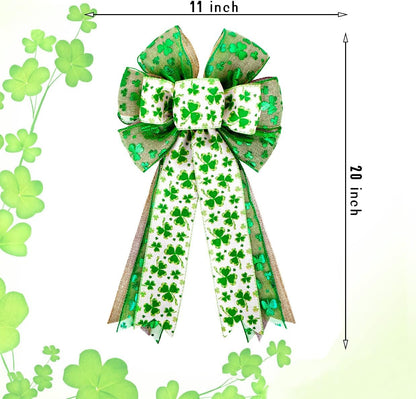 Patrick's Day Wreath Bow - Green Shamrock Ribbon for DIY Crafts & Party Decorations | 11x20 Inch