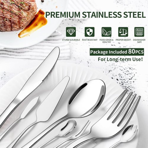 CEKEE Stainless Steel Silverware Set - 80 Pieces Flatware with Serving Utensils for 12 | Heavy-Duty, Dishwasher Safe