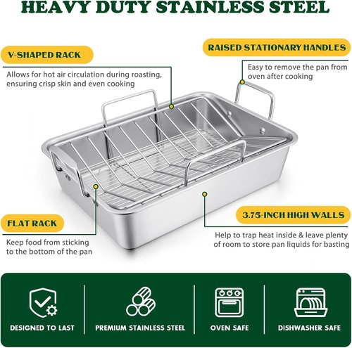 E-far Roasting Pan - 16 x 11.5 Inch Stainless Steel Turkey Roaster with V-Shaped Rack | Heavy-Duty & Dishwasher Safe