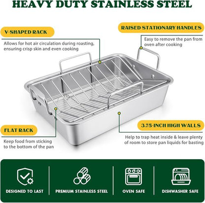 E-far Roasting Pan - 16 x 11.5 Inch Stainless Steel Turkey Roaster with V-Shaped Rack | Heavy-Duty & Dishwasher Safe
