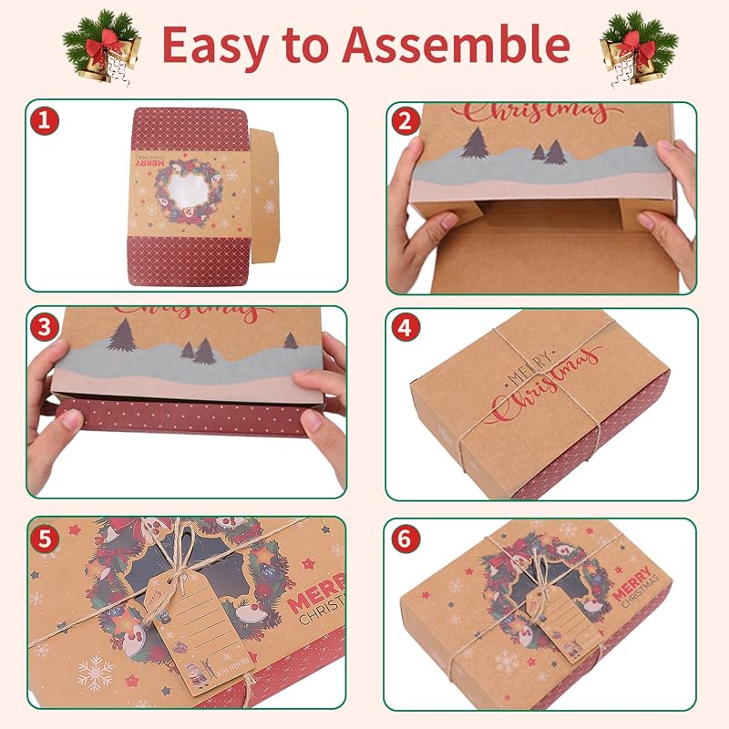 12-Pack Christmas Cookie Boxes with Window, Kraft Treat Tins with Ribbons & Tags