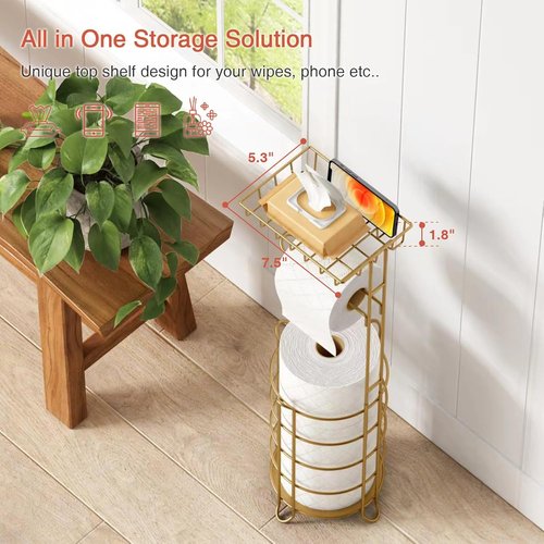 Goozii Gold Free Standing Toilet Paper Holder - Metal Tissue Stand with Phone Shelf & Wipes Tray