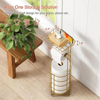 Goozii Gold Free Standing Toilet Paper Holder - Metal Tissue Stand with Phone Shelf & Wipes Tray