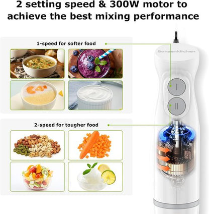 Bonsenkitchen Immersion Blender - 2-Speed Handheld Stick Mixer with Beaker for Soups & Smoothies - White