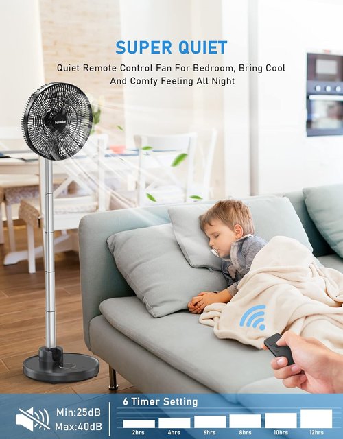 Faraday 12” Oscillating Standing Fan - Portable & Quiet Rechargeable Pedestal Fan with Remote & Timer | Adjustable Height for Home & Office