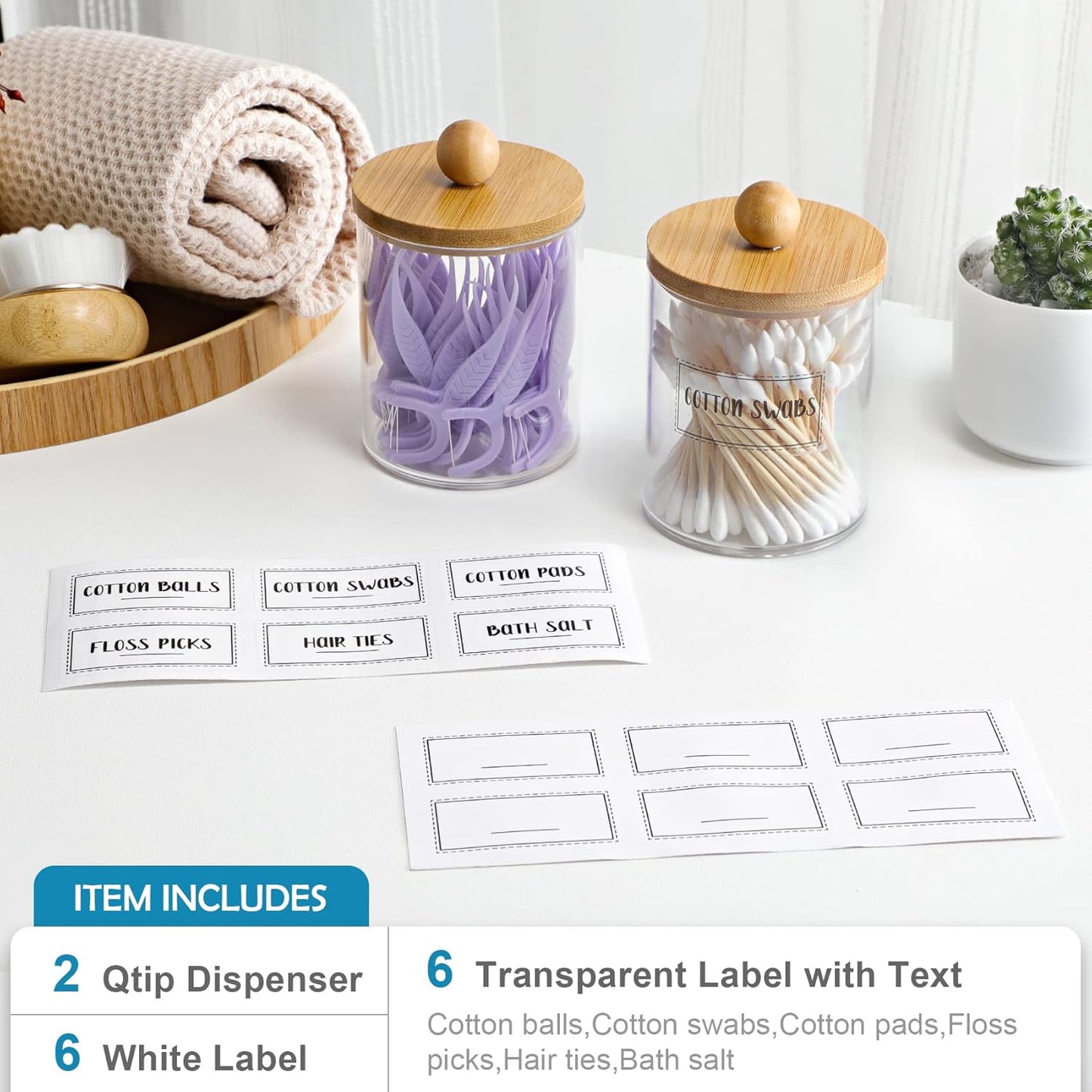 Qtip Holder Dispenser by [Brand Name] - 2 Pack Bamboo Lid Apothecary Jars for Makeup Storage | 10 oz Clear Plastic