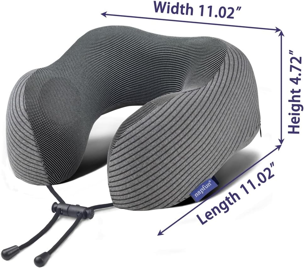 Napfun Neck Pillow - Memory Foam Travel Pillow with Sleep Mask & Earplugs | Dark Gray Striped Kit