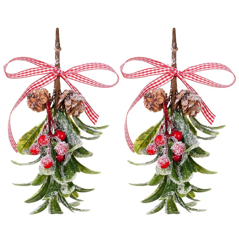 Mistletoe Christmas Decor Hanging with Plaid Bow, 2 Pcs, Red Berries – 10in Aesthetic Kissing Ball (Variation: Green+2)