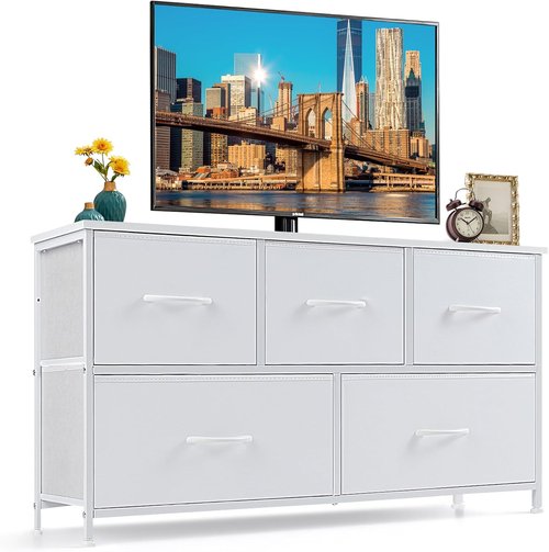 5-Drawer Dresser by [Brand Name] - Anti-Tip Fabric Chest with Wooden Top | Ideal Storage for Bedroom & Living Room, White