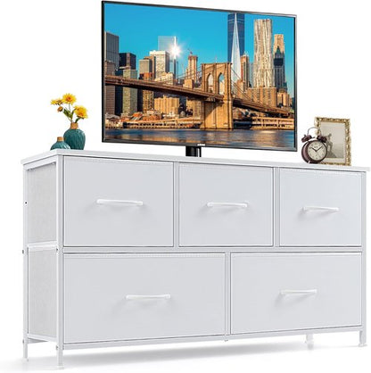5-Drawer Dresser by [Brand Name] - Anti-Tip Fabric Chest with Wooden Top | Ideal Storage for Bedroom & Living Room, White