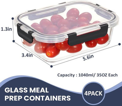 HOTEC 35oz Glass Food Storage Containers - Airtight & Versatile for Microwave, Oven, Freezer | 4-Pack